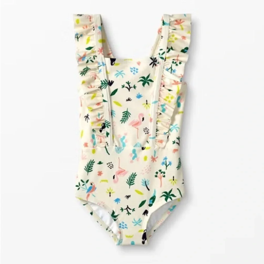 Hanna Andersson one piece swimsuit scru colorful print ruffles criss cross girls
